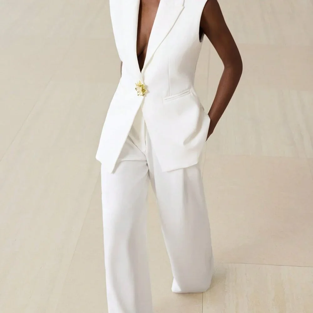 White Elegant Women's Minimalist Suit Vest Set